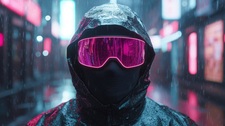 person in winter gear with neon goggles in the rainの素材