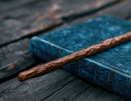 Vintage book with wooden stick on dark backgroundの素材