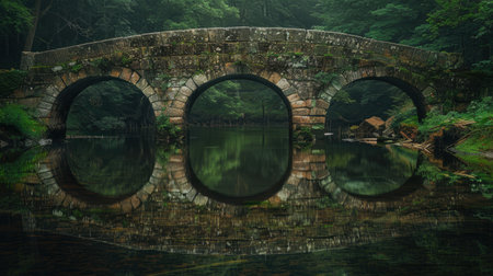 Enchanting stone bridge reflecting in serene forest lakeの素材