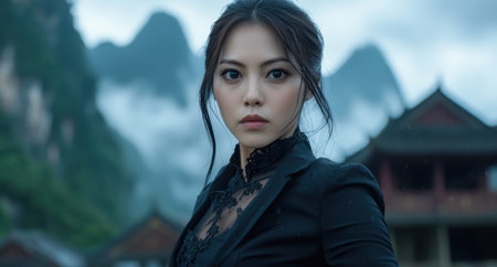 Mysterious woman in dark coat standing in front of mountainsの素材