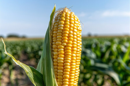 Ripe yellow corn cob in fieldの素材