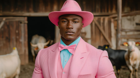 Stylish man in pink suit and hatの素材
