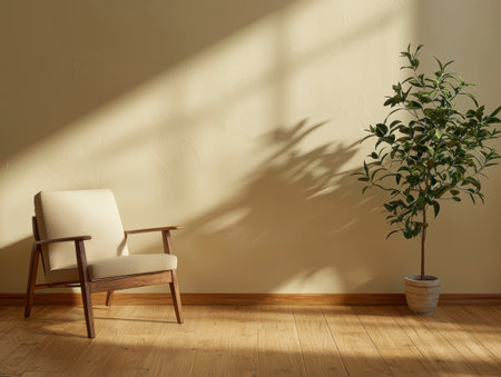 cozy living room with wooden chair and potted plantの素材