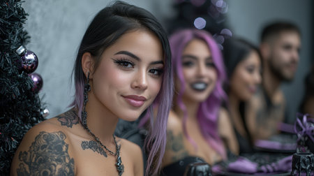 young woman with tattoos and purple hair posing in front of christmas treeの素材