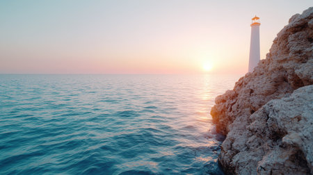 Scenic lighthouse overlooking serene ocean at sunsetの素材