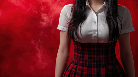 mysterious woman in white shirt and plaid skirtの素材