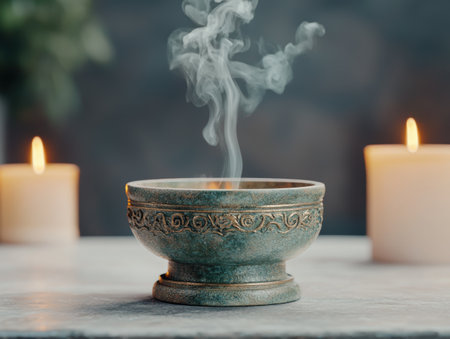 Incense burning in a decorative ceramic bowlの素材