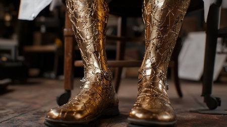 Ornate golden boots with intricate patternsの素材