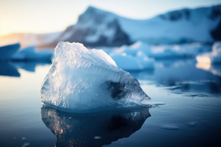 Serene icy landscape with floating iceberg in calm watersの素材