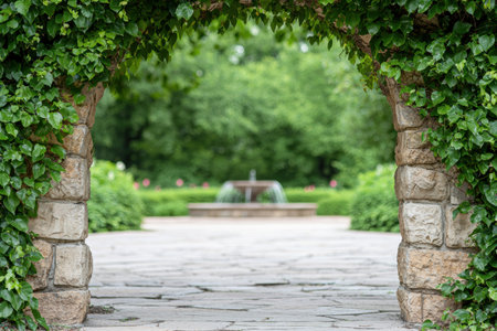 Lush garden path with stone archway and fountainの素材