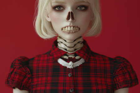 Haunting portrait of a creepy doll with a skull-like faceの素材