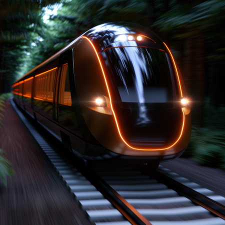 high-speed train speeding through the forest at nightの素材