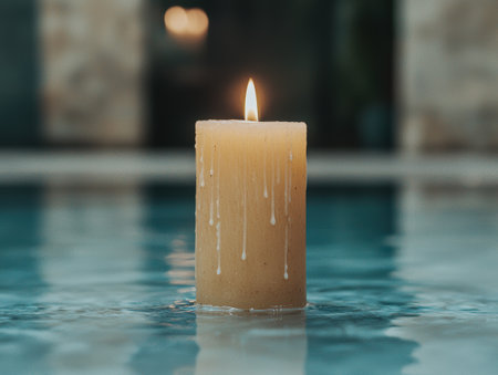 Flickering candle flame reflected in waterの素材