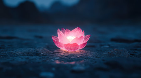 Glowing pink lotus flower in dark waterの素材