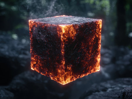Glowing molten lava cube in dark forestの素材
