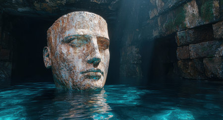 Mysterious underwater statue in serene poolの素材