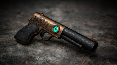 Ornate steampunk style revolver with emerald green gemの素材