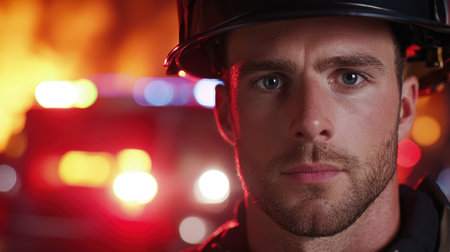 Determined firefighter in actionの素材