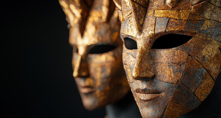 Mysterious golden mask with dark backgroundの素材