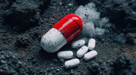 Spilled medication on dark surfaceの素材