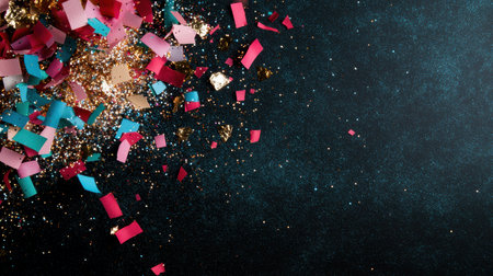 Colorful confetti explosion on dark backgroundの素材
