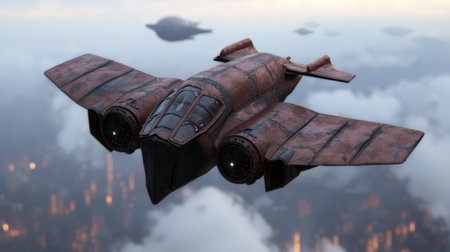 Futuristic spacecraft flying over city skylineの素材