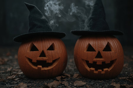 Spooky halloween pumpkins with smokeの素材