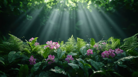 lush tropical forest with sunbeams and pink flowersの素材
