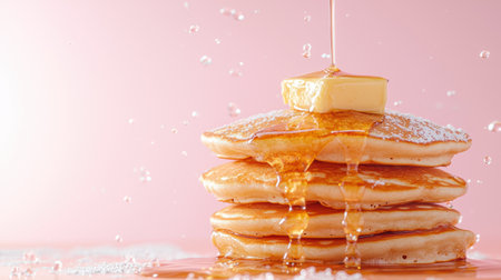 Delicious golden pancakes drizzled with honeyの素材