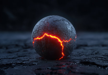 Glowing molten earth sphere in dark environmentの素材