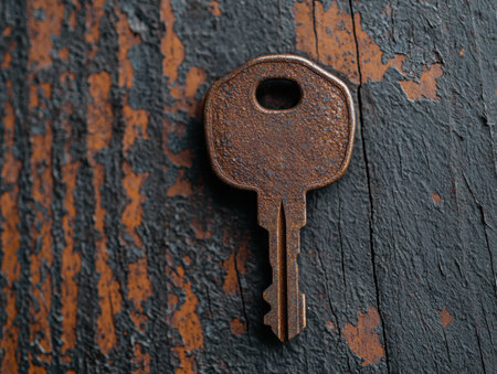 Rusty old key on weathered wooden surfaceの素材