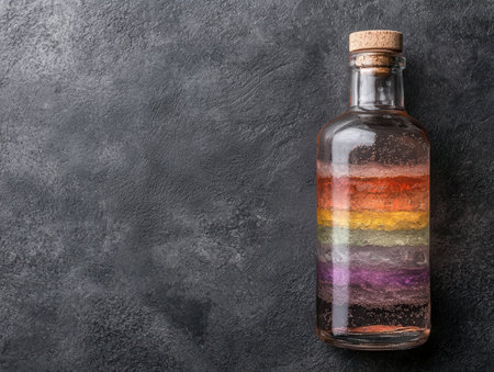 Colorful layered liquor in glass bottleの素材