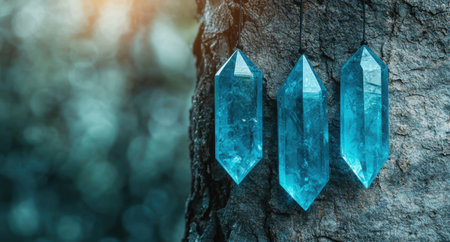 Enchanting blue crystal formations on a tree trunkの素材