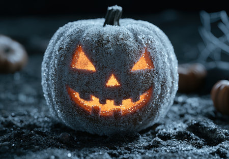 Spooky jack-o'-lantern with glowing eyes in the snowの素材