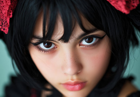 Mysterious woman with dark hair and intense gazeの素材