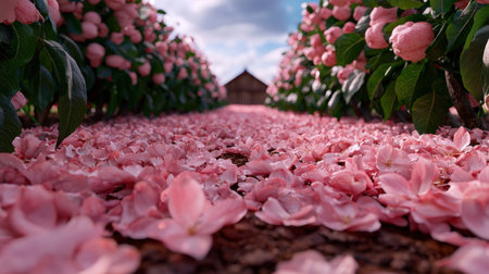 Blooming pink flowers covering a garden pathの素材