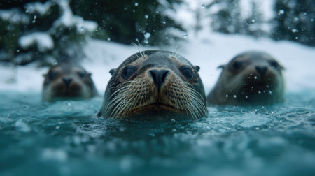 curious seal peeking out of snowy waterの素材