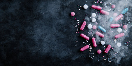 assortment of pink and white medical pills and capsulesの素材