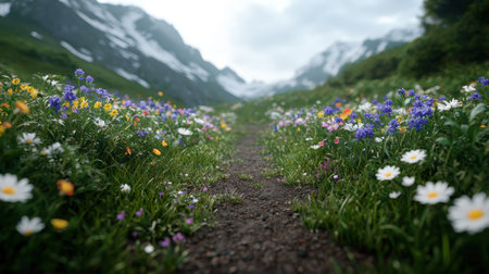 Vibrant wildflowers lining a mountain trailの素材