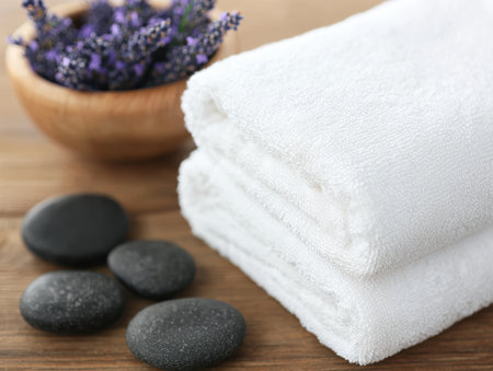Relaxing spa day with towels and lavender flowersの素材