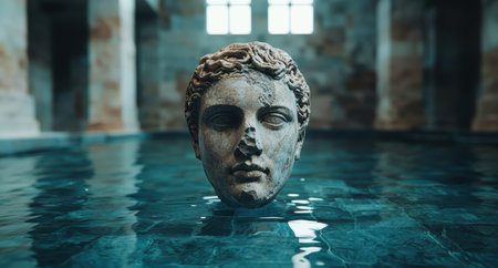 ancient greek statue head in waterの素材