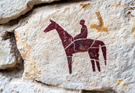 Ancient rock carving of a person riding a horseの素材