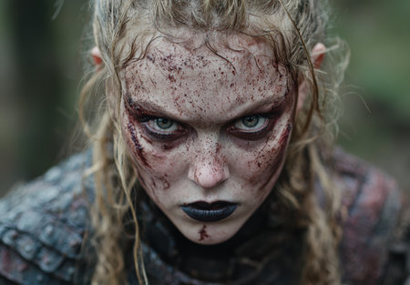 Intense gaze of a distressed woman with a bloody faceの素材