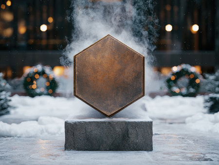 Mysterious hexagonal sculpture in snowy winter landscapeの素材