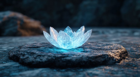 Glowing crystal lotus flower on dark waterの素材