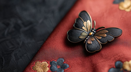 Elegant butterfly brooch on floral fabricの素材