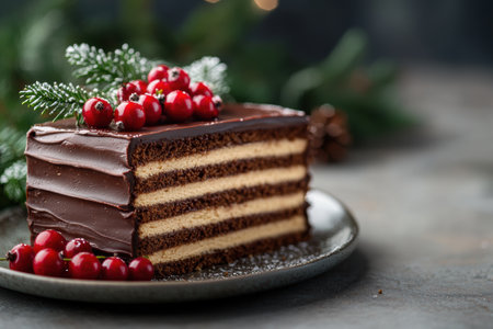 Decadent chocolate cake with festive cranberriesの素材