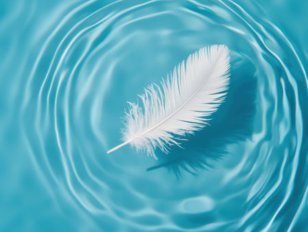 Delicate feather floating on serene water surfaceの素材