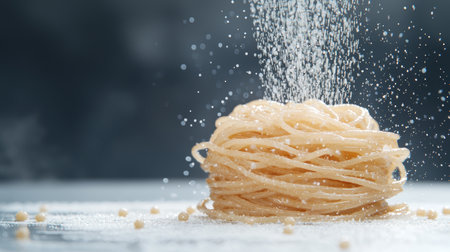 Freshly cooked pasta noodles with water splashingの素材