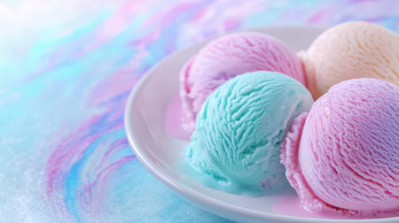 Colorful ice cream scoops on a plateの素材